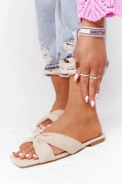 Klapki Damskie Klasyczne>Boto Damskie Welurowe Klapki Beżowe Vanilla Sky