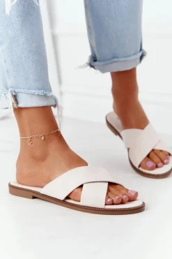 Klapki Damskie Klasyczne>Boto Damskie Welurowe Klapki Beżowe Edesa