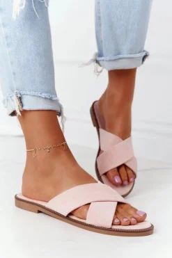 Outlet Boto Damskie Welurowe Klapki Różowe Edesa