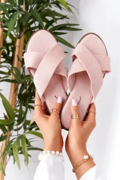 Outlet Boto Damskie Welurowe Klapki Różowe Edesa