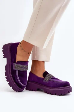 Boto Damskie Welurowe Mokasyny Z Ozdobą Fioletowe Wendreda