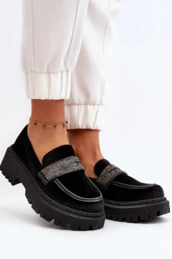 Hot Damskie Welurowe Mokasyny Z Ozdobą Czarne Wendreda Damskie Mokasyny Na Platformie|Mokasyny Damskie Zamszowe