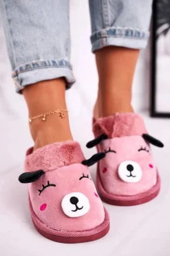 Kapcie Klasyczne>Boto Damskie Welurowe Papcie Z Lamą Różowe Ruddy