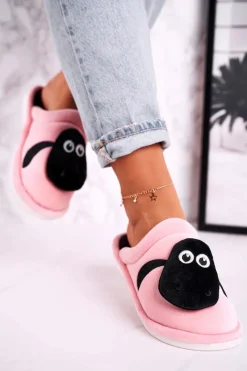 Kapcie Klasyczne>Boto Damskie Welurowe Papcie Z Owieczką Różowe Charlie