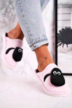 Discount Damskie Welurowe Papcie Z Owieczką Jasno Różowe Charlie Damskie Kapcie Klasyczne