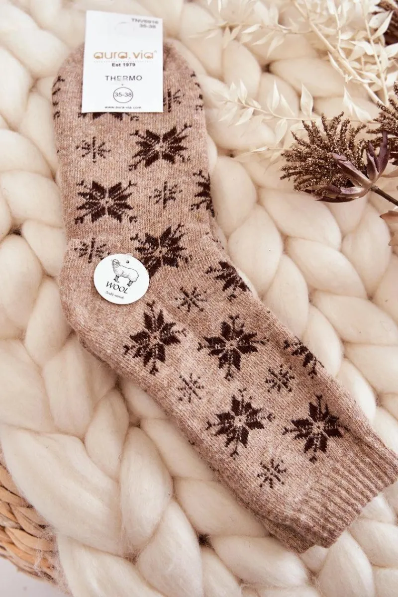 Skarpetki|Skarpetki>Aura.via Damskie Wełniane Skarpetki W Śnieżynki Beżowe