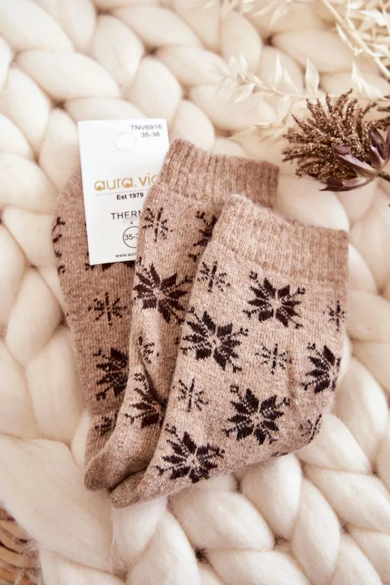 Skarpetki|Skarpetki>Aura.via Damskie Wełniane Skarpetki W Śnieżynki Beżowe