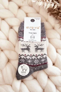 Discount Damskie Wełniane Skarpetki Świąteczne Wzór Renifera Szare Skarpetki|Skarpetki
