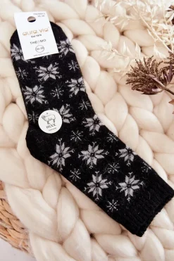 Skarpetki|Skarpetki>Aura.via Damskie Wełniane Skarpetki W Śnieżynki Czarne