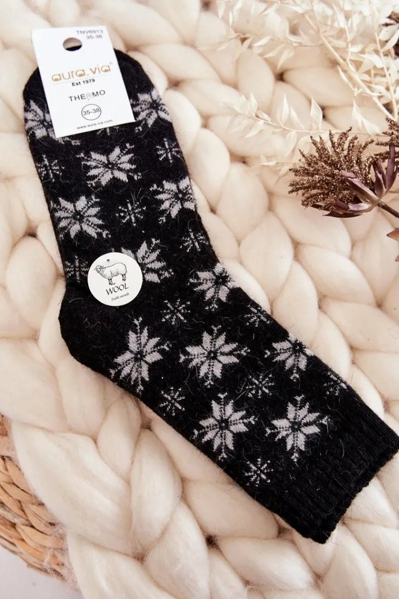 Skarpetki|Skarpetki>Aura.via Damskie Wełniane Skarpetki W Śnieżynki Czarne