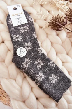 Skarpetki|Skarpetki>Aura.via Damskie Wełniane Skarpetki W Śnieżynki Szare