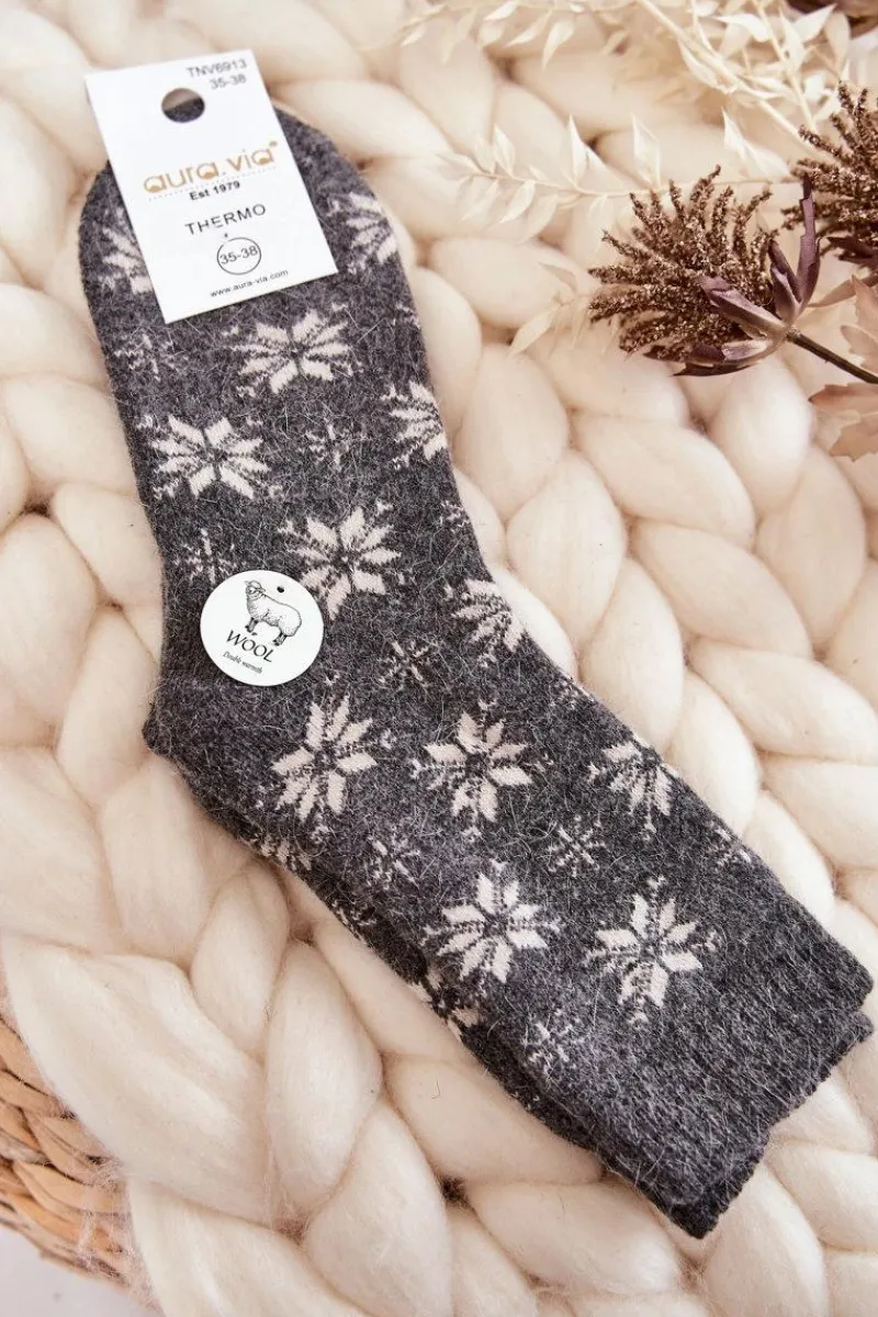Skarpetki|Skarpetki>Aura.via Damskie Wełniane Skarpetki W Śnieżynki Szare
