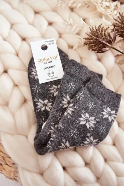 Skarpetki|Skarpetki>Aura.via Damskie Wełniane Skarpetki W Śnieżynki Szare