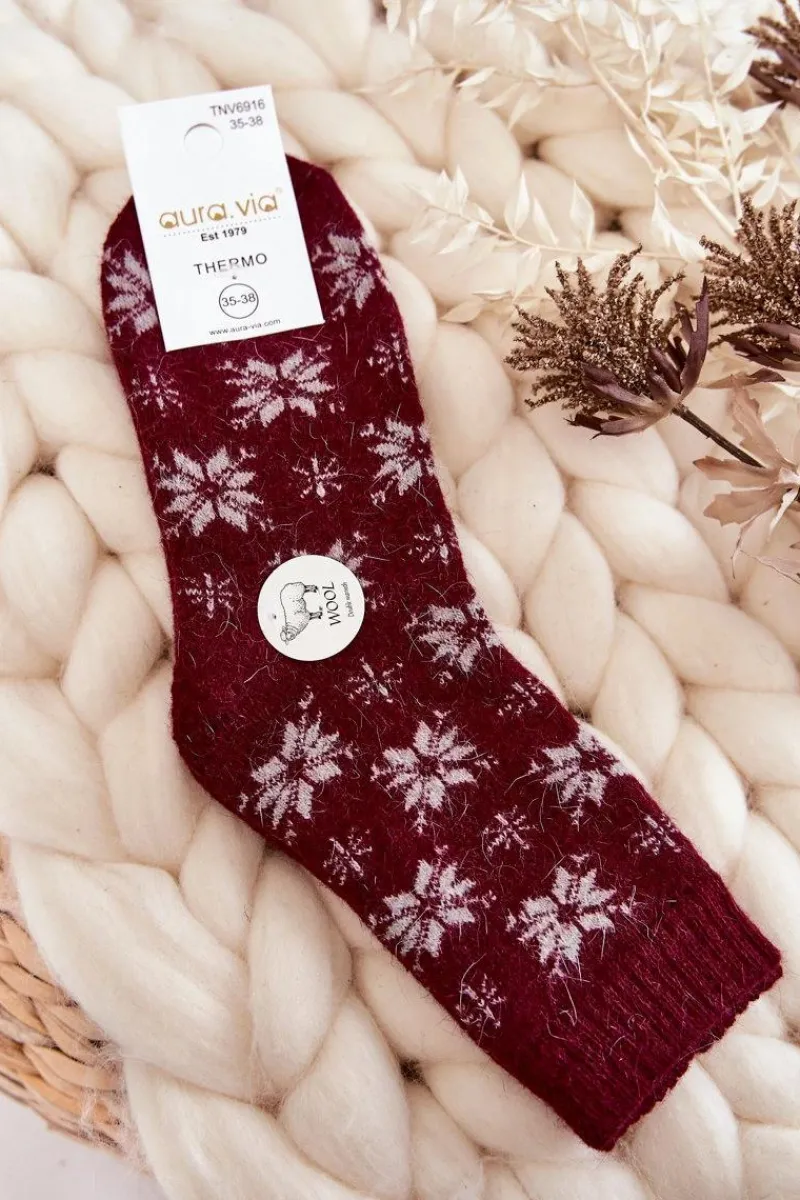 Skarpetki|Skarpetki>Aura.via Damskie Wełniane Skarpetki W Śnieżynki Bordowe