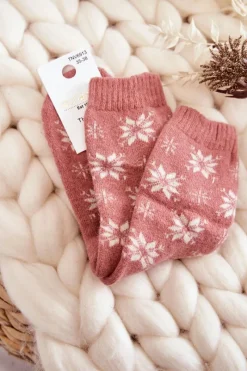 Skarpetki|Skarpetki>Aura.via Damskie Wełniane Skarpetki W Śnieżynki Różowe