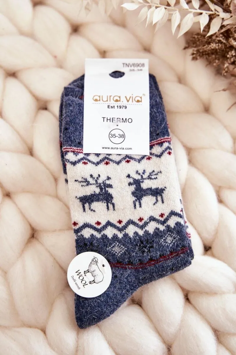 Skarpetki|Skarpetki>Aura.via Damskie Wełniane Skarpetki Świąteczne Wzór Renifera Granatowe