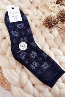 Skarpetki|Skarpetki>Aura.via Damskie Wełniane Skarpetki W Śnieżynki Granatowe