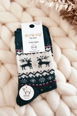 Skarpetki|Skarpetki>Aura.via Damskie Wełniane Skarpetki Świąteczne Wzór Renifera Zielone