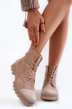 Botki Wiosenne|Damskie Trapery>Damskie buty S.Barski Damskie Wiosenne Zamszowe Botki Trapery Beżowe Margot