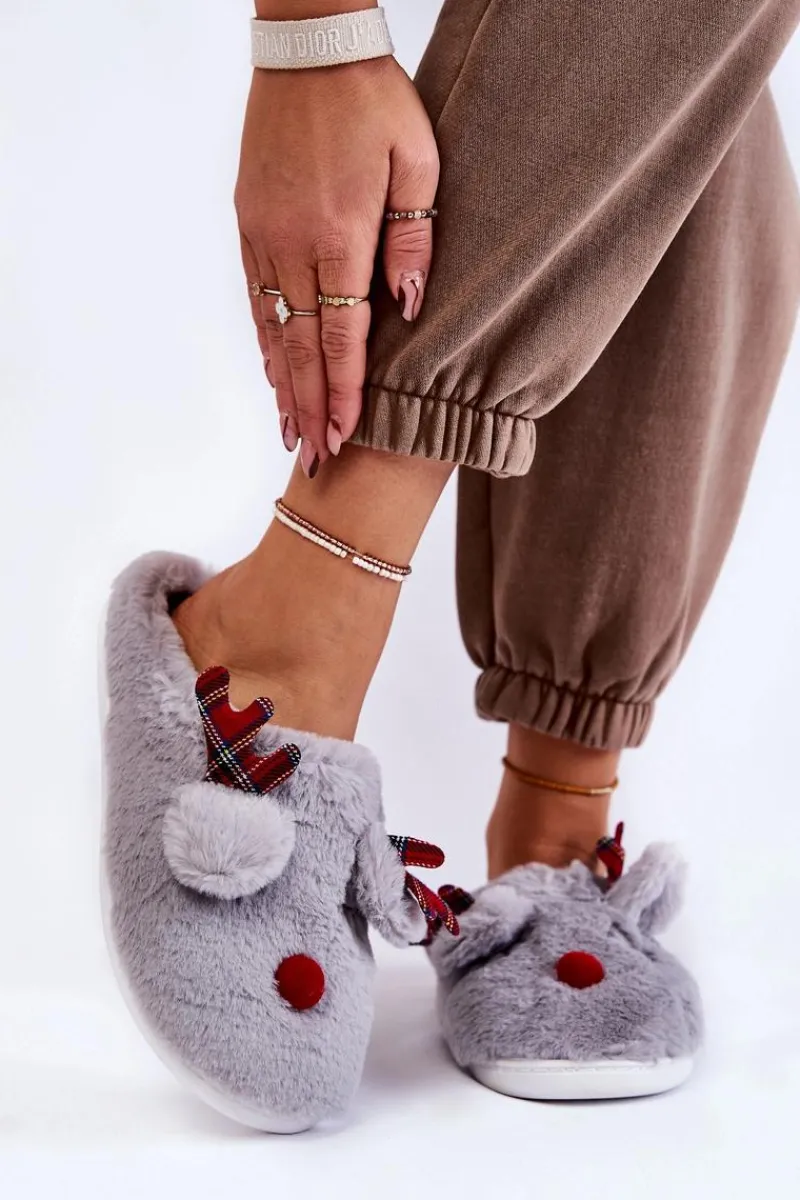 Boto Damskie Świąteczne Futrzane Papcie Z Reniferem Szare Clarie Szary