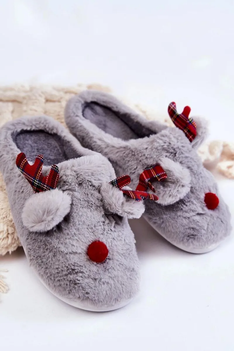 Boto Damskie Świąteczne Futrzane Papcie Z Reniferem Szare Clarie Szary
