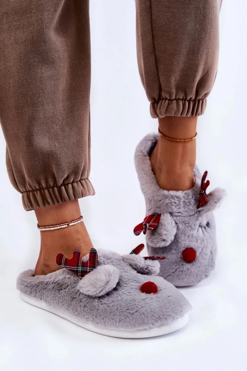Boto Damskie Świąteczne Futrzane Papcie Z Reniferem Szare Clarie Szary