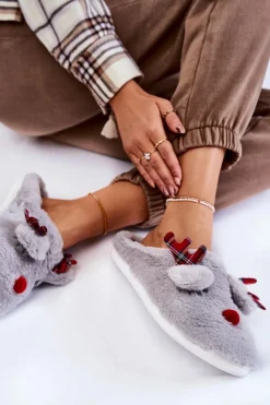 Boto Damskie Świąteczne Futrzane Papcie Z Reniferem Szare Clarie Szary