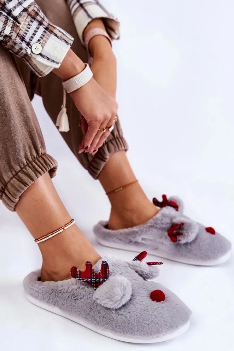 Boto Damskie Świąteczne Futrzane Papcie Z Reniferem Szare Clarie Szary