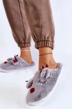 Boto Damskie Świąteczne Futrzane Papcie Z Reniferem Szare Clarie Szary