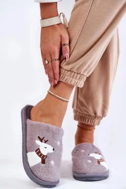 Kapcie Klasyczne>Boto Damskie Świąteczne Papcie Z Reniferem Szare Millio