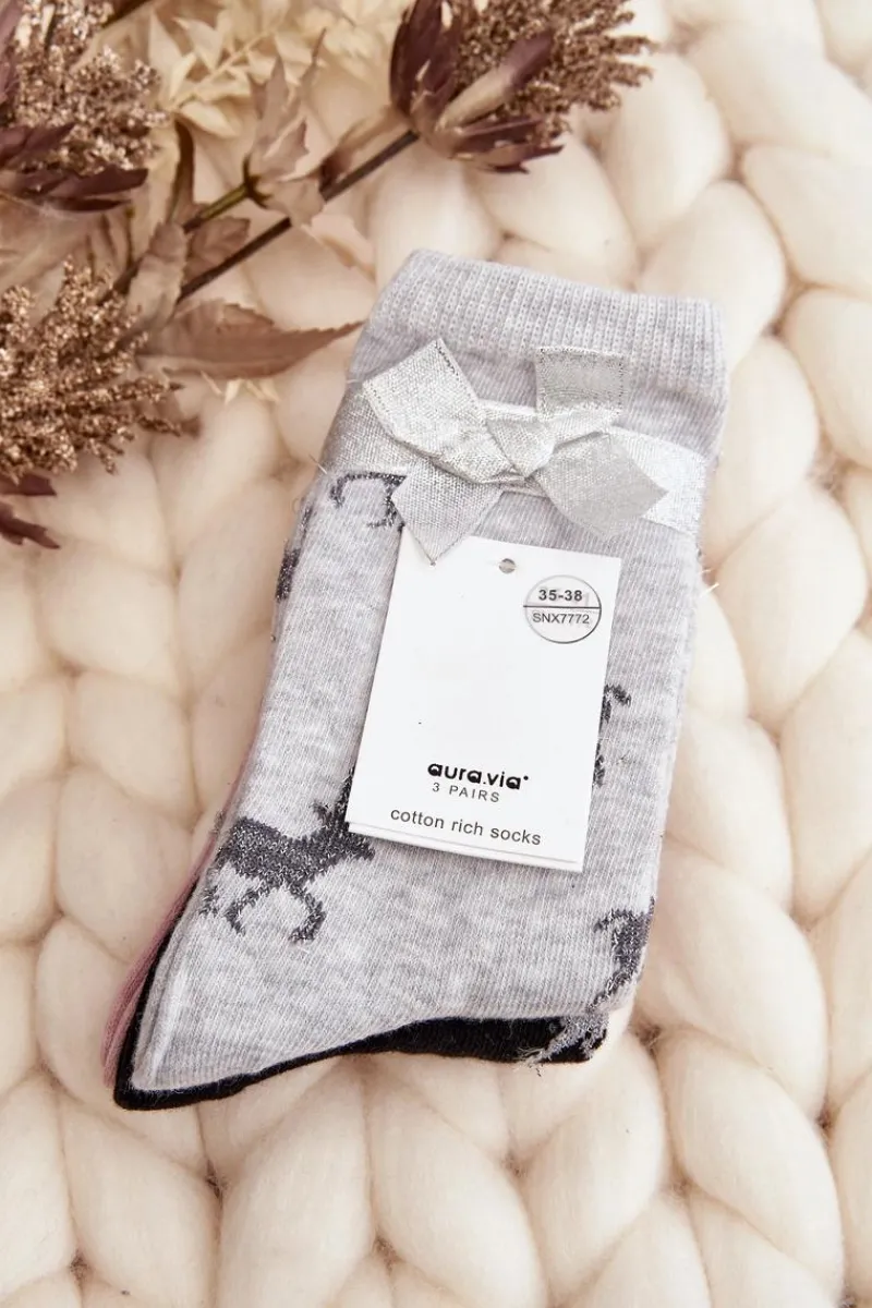 Skarpetki|Skarpetki>Aura.via Damskie Świąteczne Skarpetki 3-Pak Szaro-Czarne