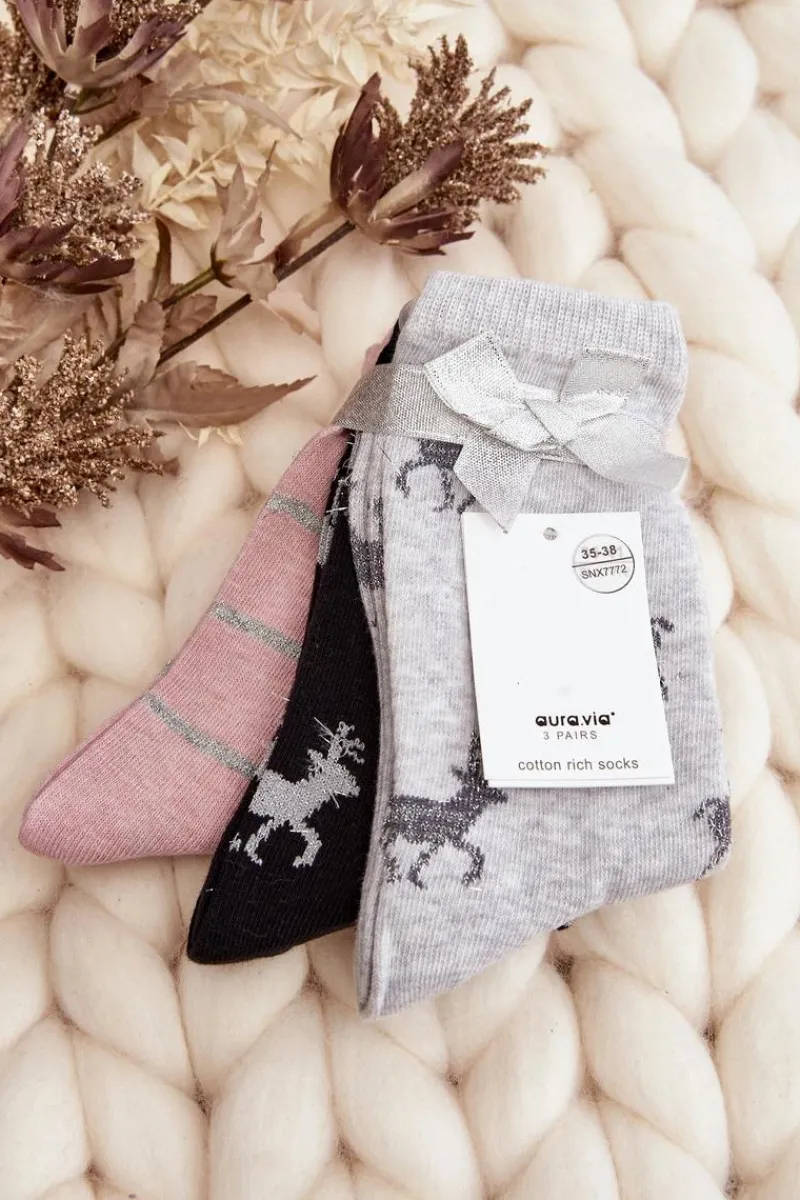 Skarpetki|Skarpetki>Aura.via Damskie Świąteczne Skarpetki 3-Pak Szaro-Czarne