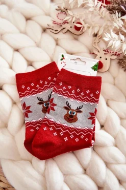 Skarpetki|Skarpetki>Aura.via Damskie Świąteczne Skarpetki Błyszczące Renifery Czerwono-Szare