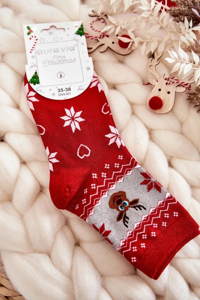 Skarpetki|Skarpetki>Aura.via Damskie Świąteczne Skarpetki Błyszczące Renifery Czerwono-Szare