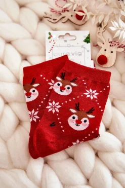 Aura.via Damskie Świąteczne Skarpetki Błyszczące Renifery Czerwone