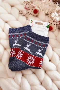 Clearance Damskie Świąteczne Skarpetki Błyszczące Renifery Granatowe Skarpetki|Skarpetki