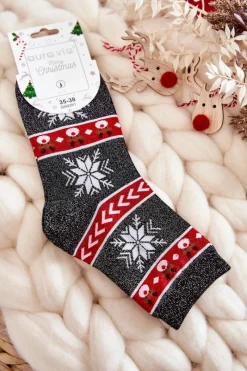 Skarpetki|Skarpetki>Aura.via Damskie Świąteczne Skarpetki Błyszczące Renifery Czarno-Czerwone