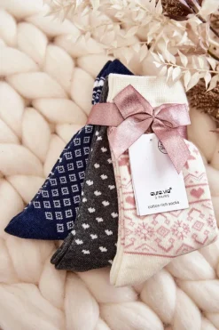 Best Damskie Świąteczne Skarpetki 3-Pak Śnieżynki I Serca Beżowe Skarpetki|Skarpetki