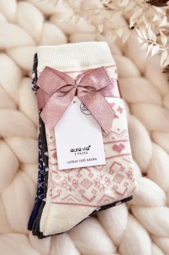 Best Damskie Świąteczne Skarpetki 3-Pak Śnieżynki I Serca Beżowe Skarpetki|Skarpetki