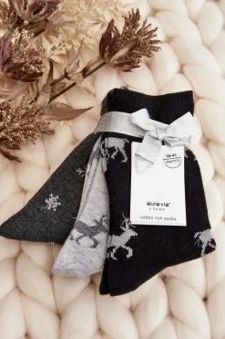 Skarpetki|Skarpetki>Aura.via Damskie Świąteczne Skarpetki 3-Pak Szaro-Czarne