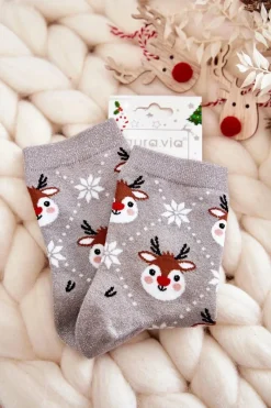 New Aura.via Damskie Świąteczne Skarpetki Błyszczące Renifery Szare