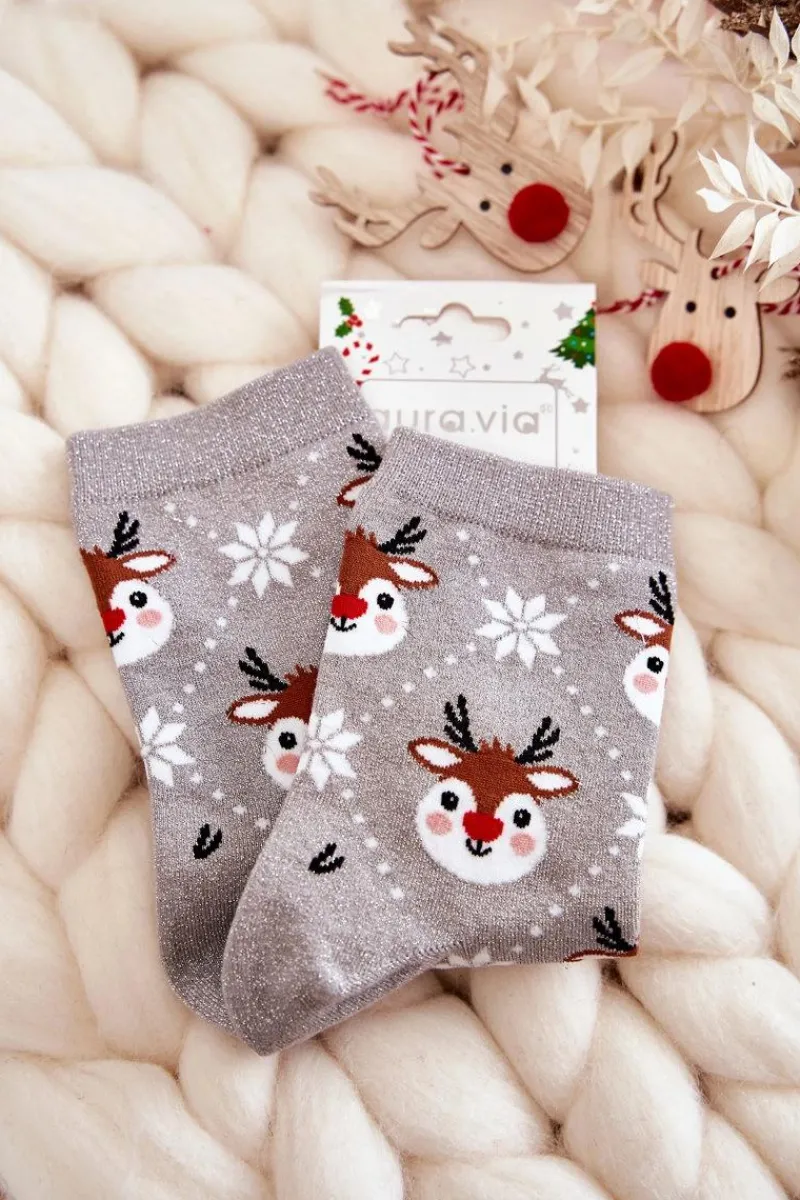 New Aura.via Damskie Świąteczne Skarpetki Błyszczące Renifery Szare