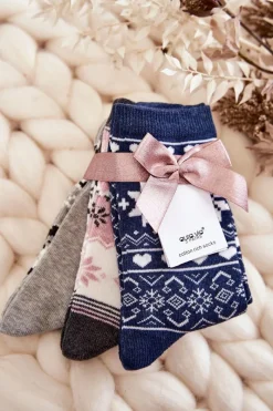 Hot Damskie Świąteczne Skarpetki 3-Pak Śnieżynki I Serca Granatowe Skarpetki|Skarpetki