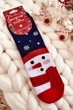 Hot Aura.via Damskie Świąteczne Skarpety Ze Wzorem Bałwan Granatowe