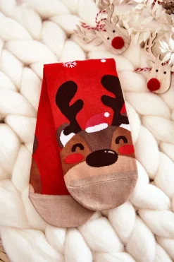 Skarpetki|Skarpetki>Aura.via Damskie Świąteczne Skarpety Ze Wzorem Renifer Czerwone