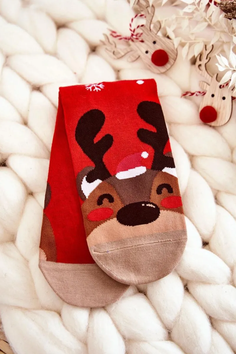 Skarpetki|Skarpetki>Aura.via Damskie Świąteczne Skarpety Ze Wzorem Renifer Czerwone