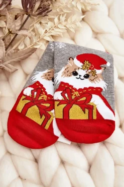 Outlet Damskie Świąteczne Skarpety Z Kotkiem Szare Skarpetki|Skarpetki