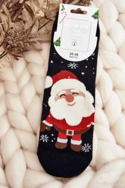 Skarpetki|Skarpetki>Aura.via Damskie Świąteczne Skarpety Z Mikołajem Czarne
