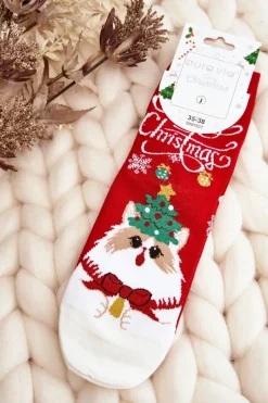 Skarpetki|Skarpetki>Aura.via Damskie Świąteczne Skarpety Z Kotkiem Czerwone