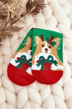 Online Aura.via Damskie Świąteczne Skarpety Z Pieskiem Zielone